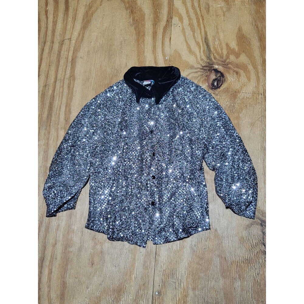 jelly beans Shirt Women M Button-down Sequins Black Velour Collar @j2